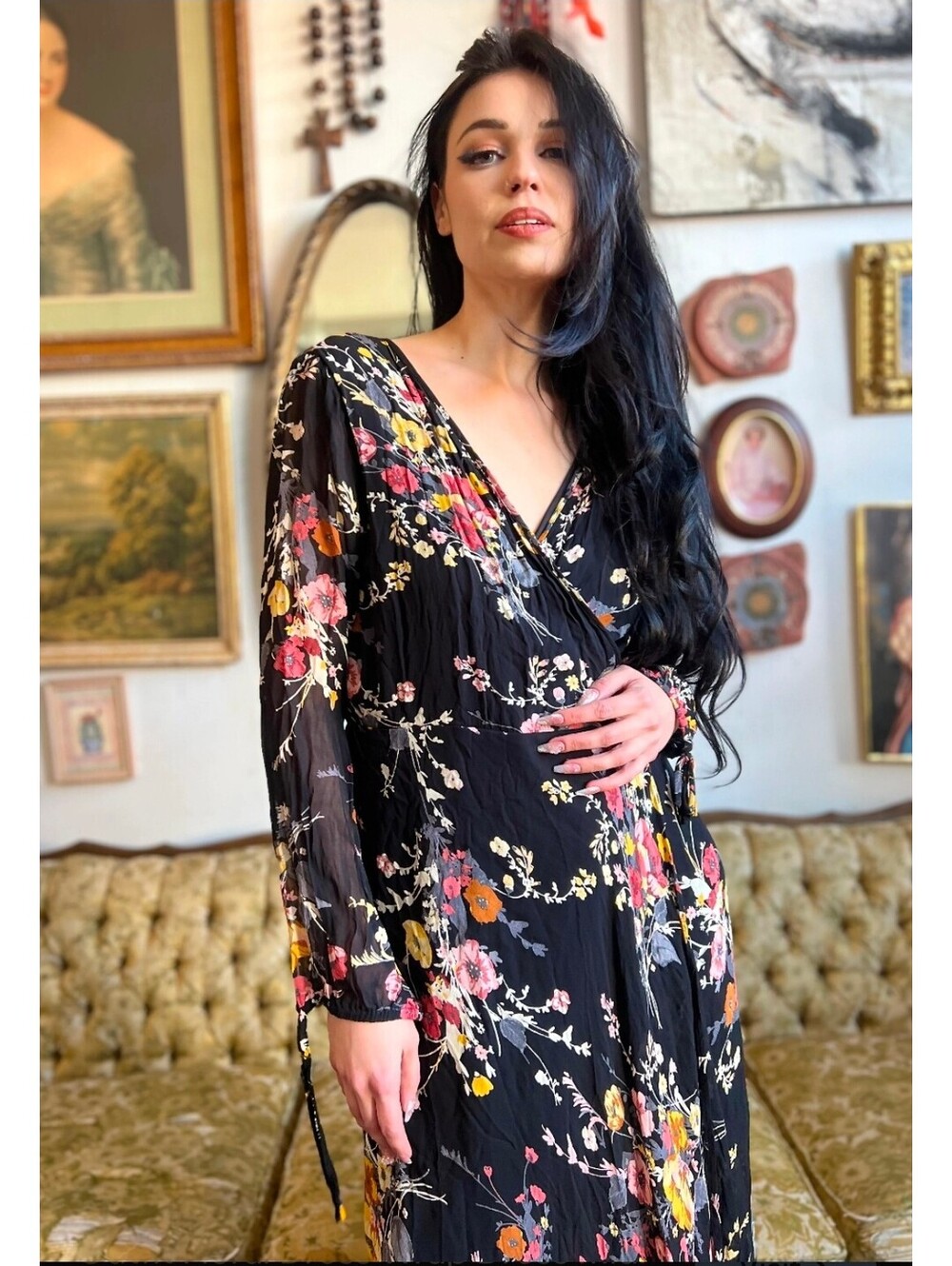 Anthropologie Band of Gypsies Floral Black Wrap Dress XS